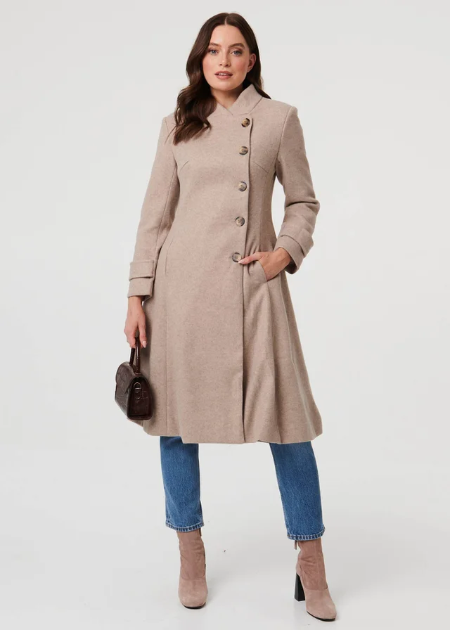 Izabel London Beige Button Front Funnel Neck Coat