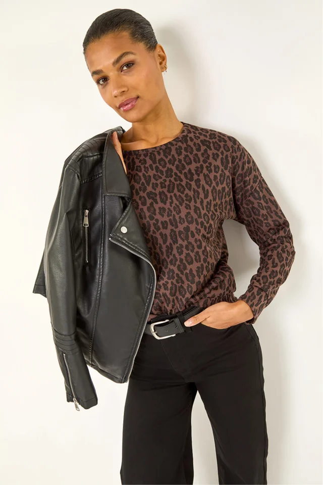 Roman Chocolate Animal Print Metallic Stretch Top