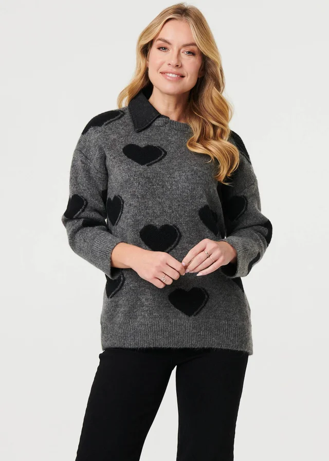 Izabel London Grey Heart Print Denim Trim Collar Jumper