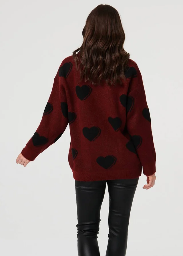 Izabel London Burgundy Heart Print Denim Trim Collar Jumper