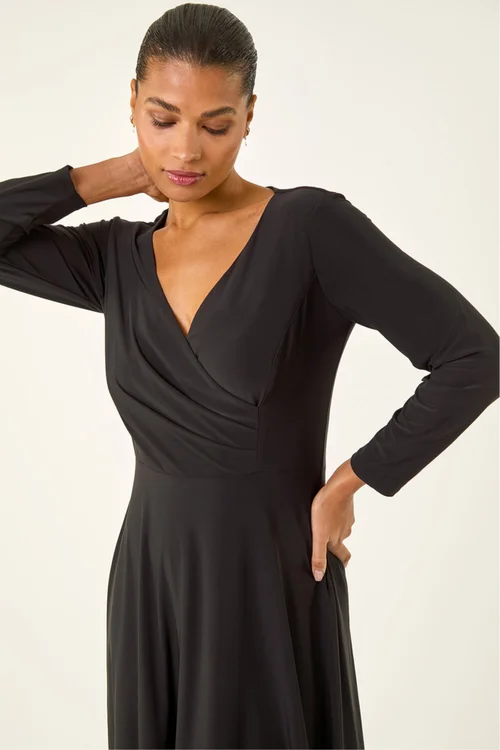 Roman Black Wrap Bodice Tie Waist Midi Dress - 12 Image 4
