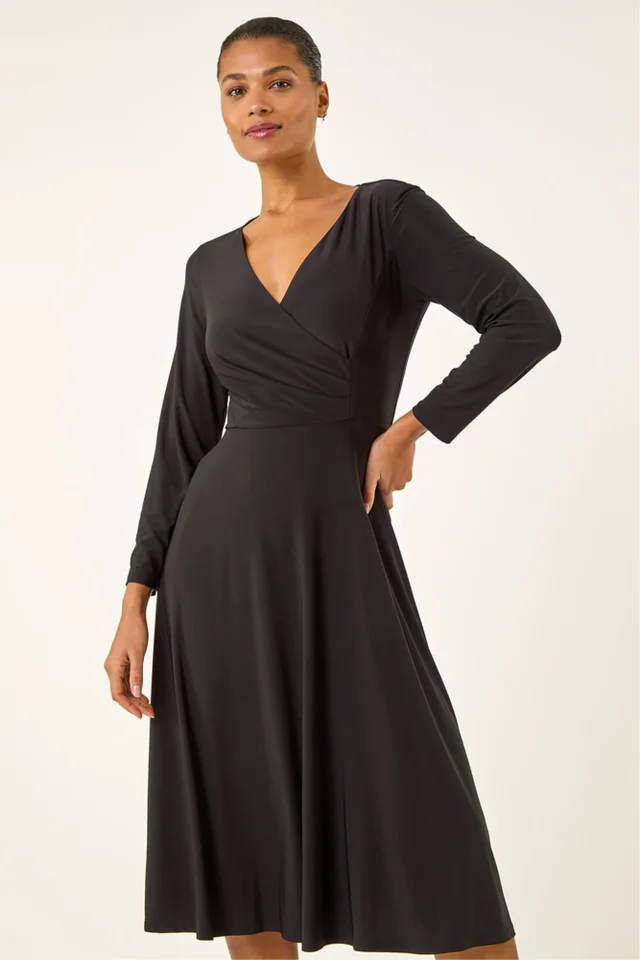 Roman Black Wrap Bodice Tie Waist Midi Dress