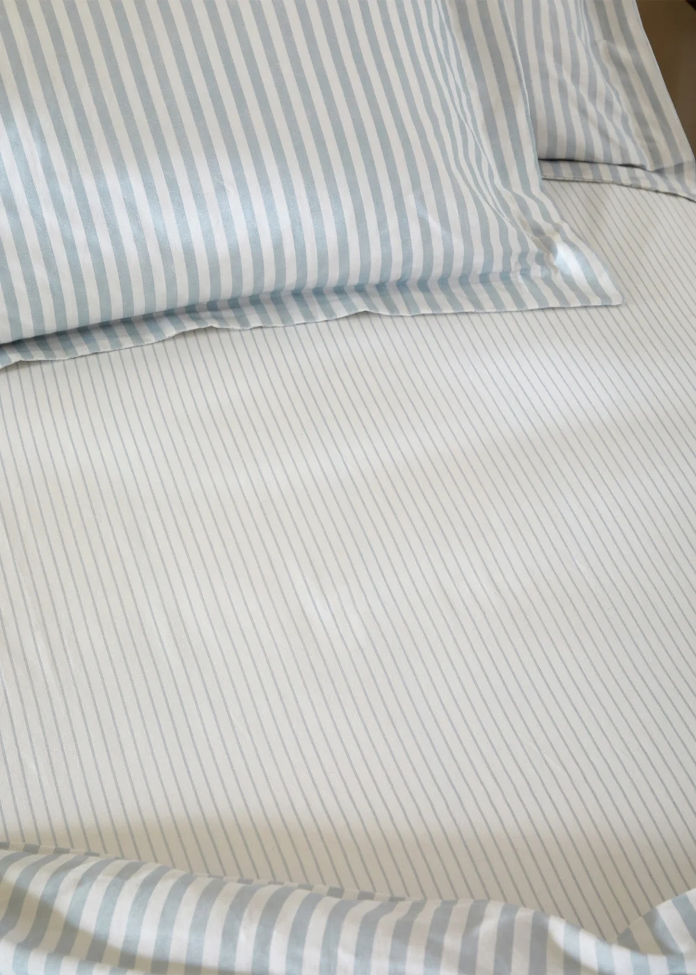 Yard Hebden 100% Cotton Narrow Stripe Mineral Blue Fitted Sheet - Double Image 1