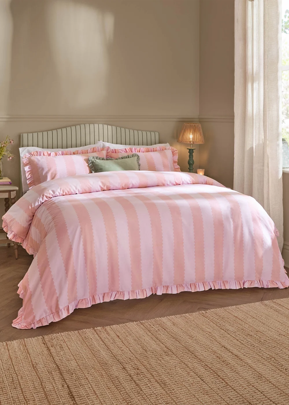 Wylder Nature Birdie Stripe Ruffle Pink Duvet Cover Set - Single Image 1