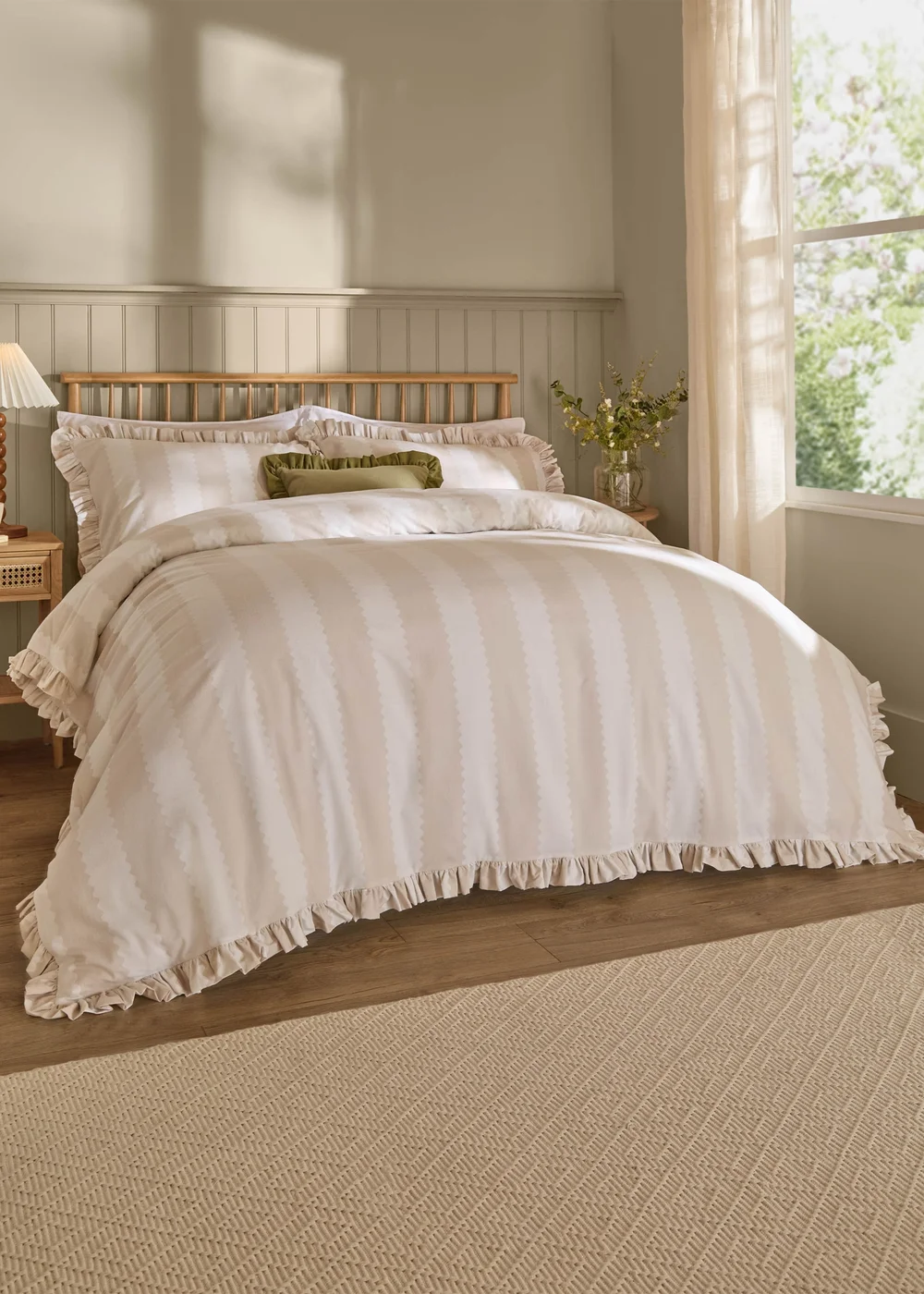 Wylder Nature Birdie Stripe Ruffle Natural Duvet Cover Set - Single Image 1