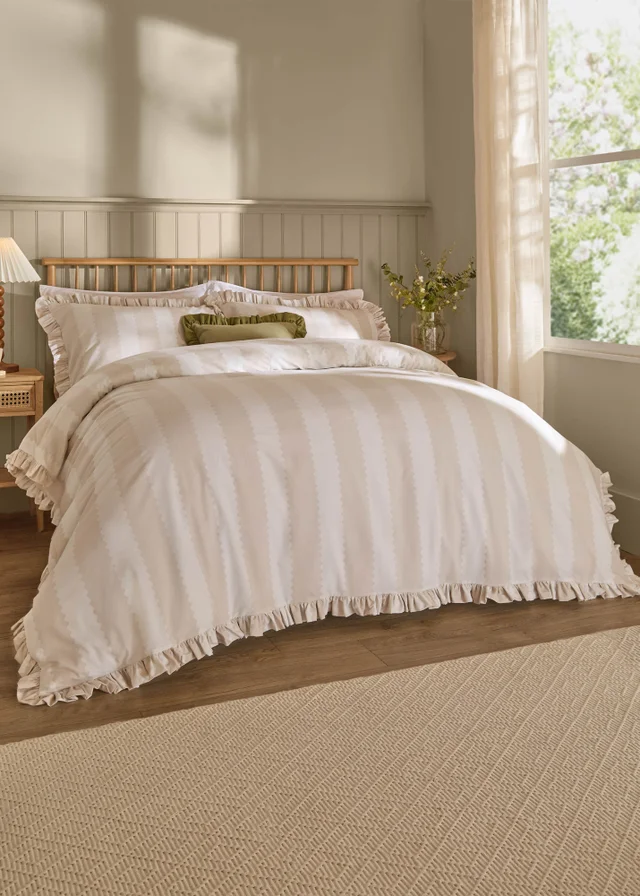 Wylder Nature Birdie Stripe Ruffle Natural Duvet Cover Set