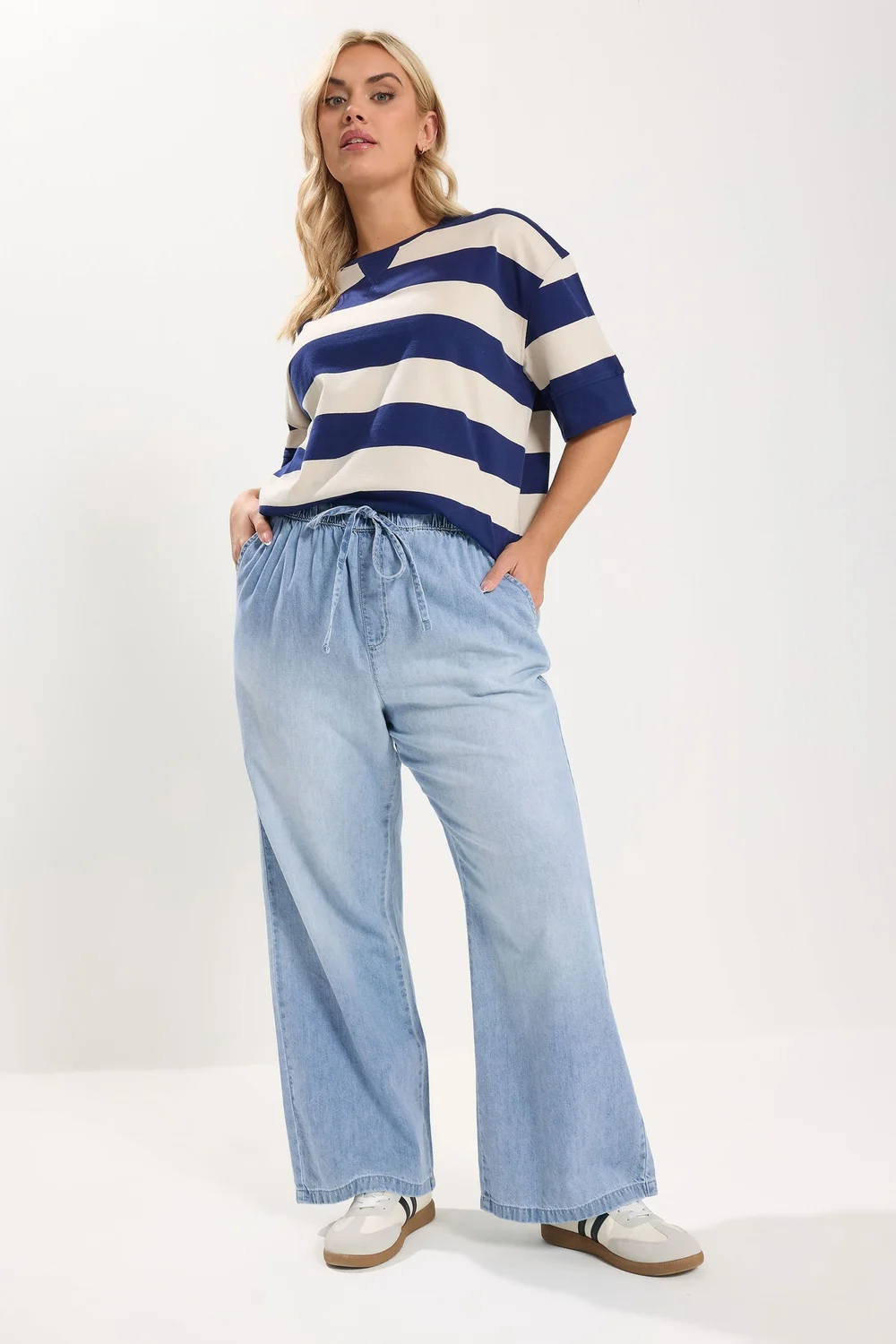 Yours Curve Light Blue Drawstring Wide Leg Jeans - 18/L30 Image 1