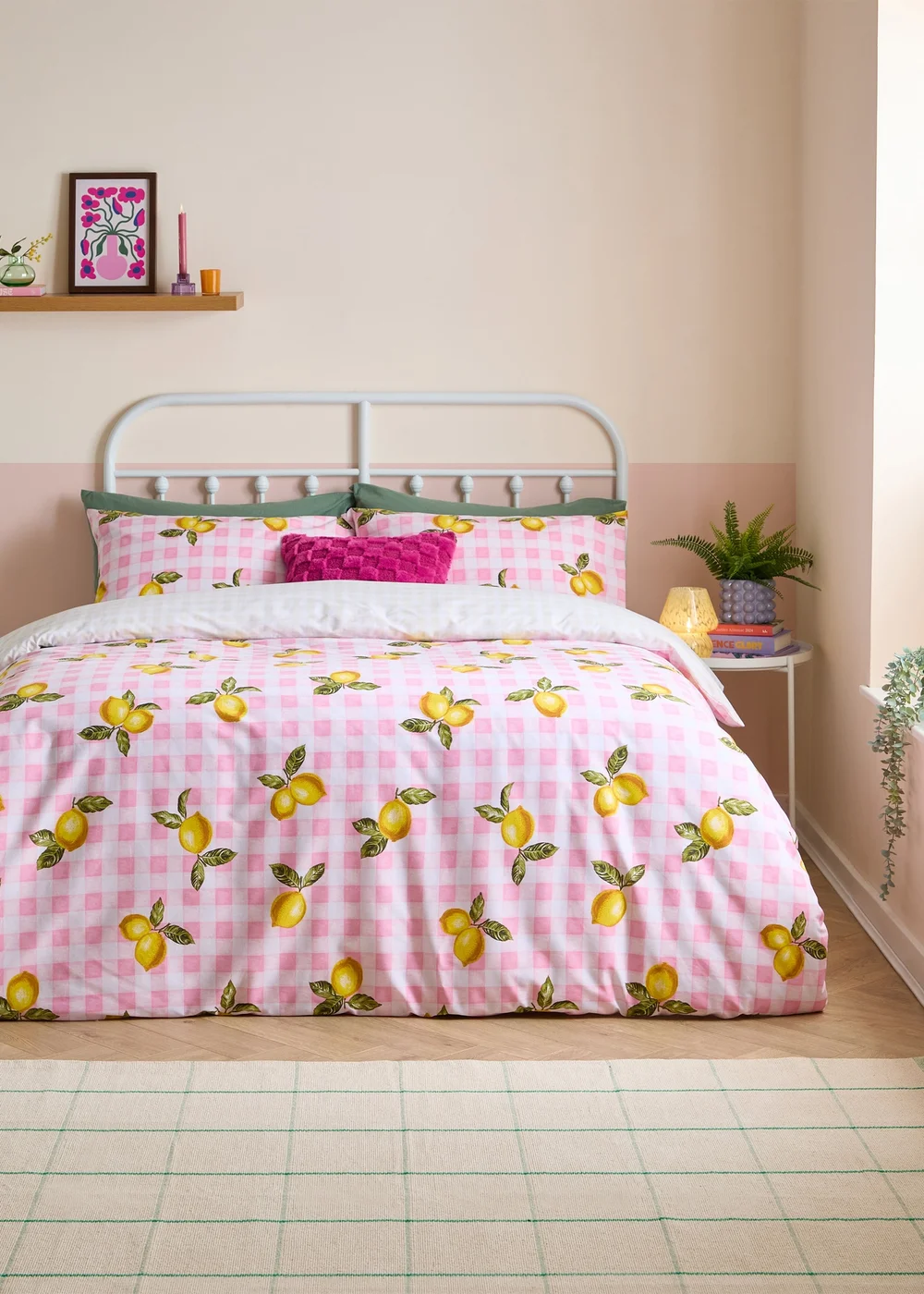 Heya Home Gingham Lemons Reversible Pink Duvet Cover Set - Single Image 1