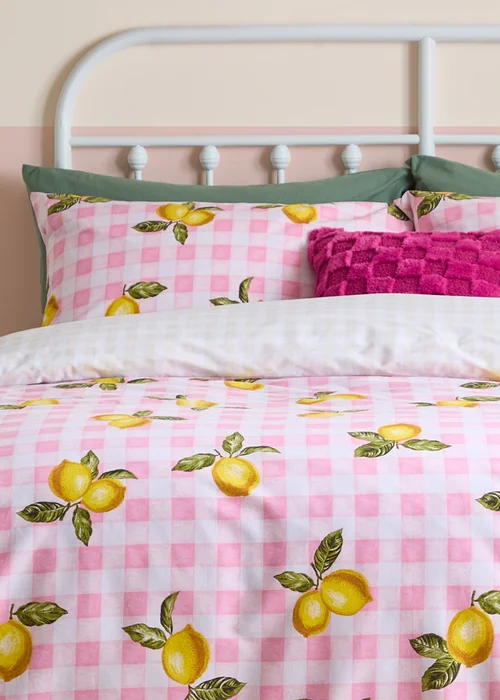 Heya Home Gingham Lemons Reversible Pink Duvet Cover Set - Single Image 3