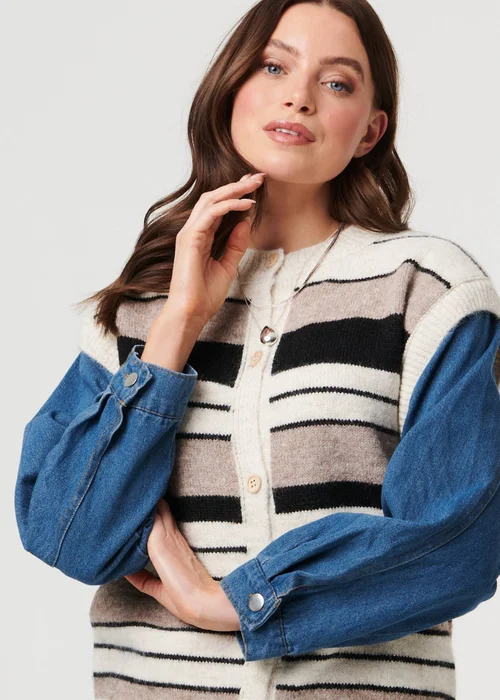 Izabel London Beige Denim Knit Contrast Texture Jacket - S/M Image 3