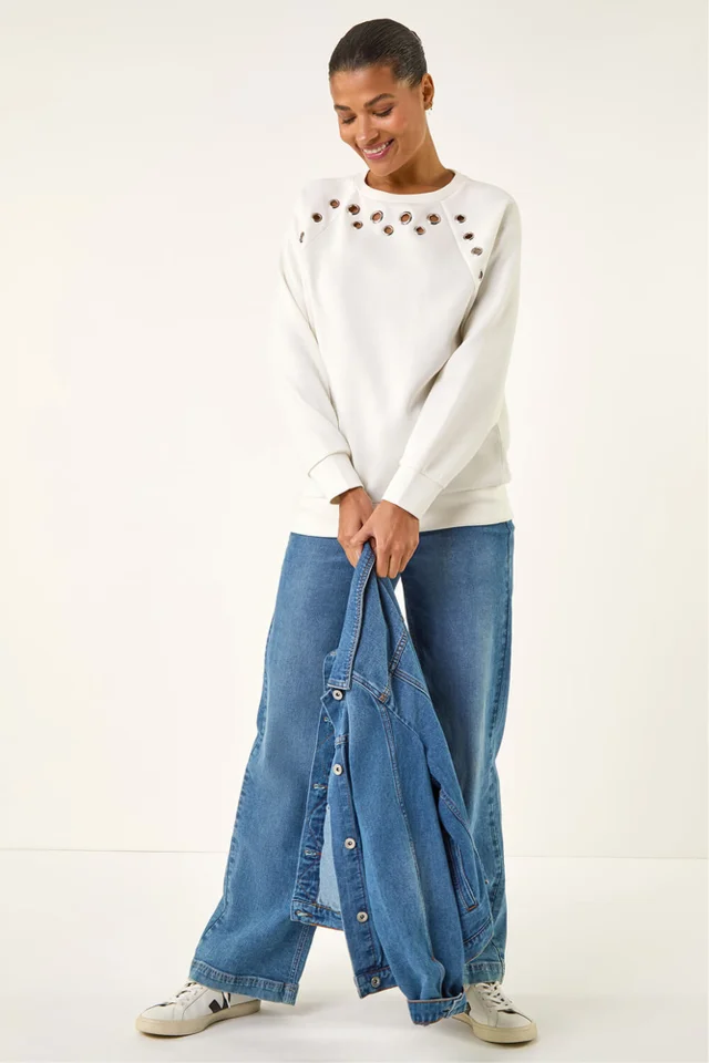 Roman Ivory Eyelet Detail Stretch Top