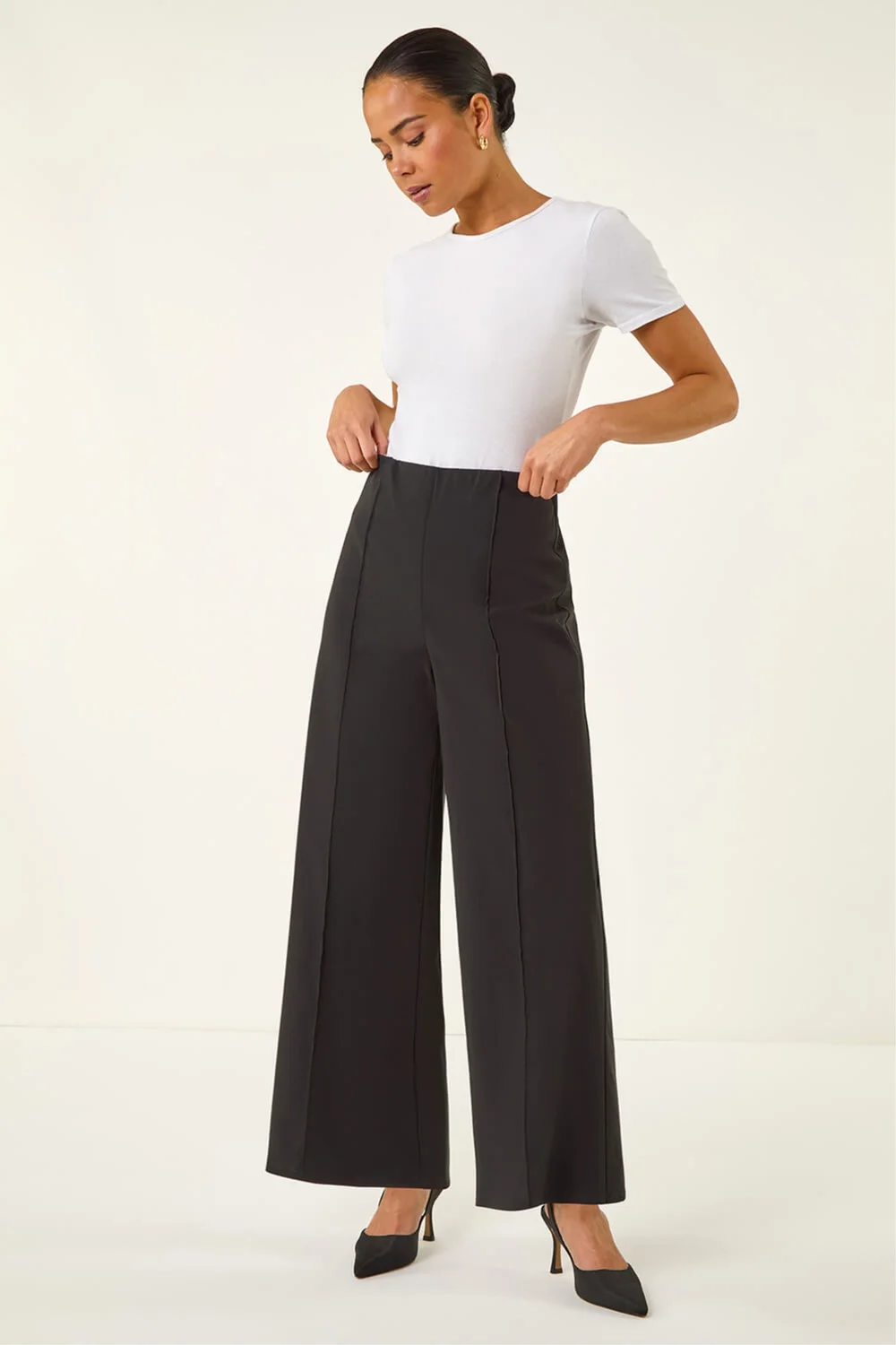 Roman Black Petite Pintuck Wide Leg Stretch Trouser - Size 10 Image 2