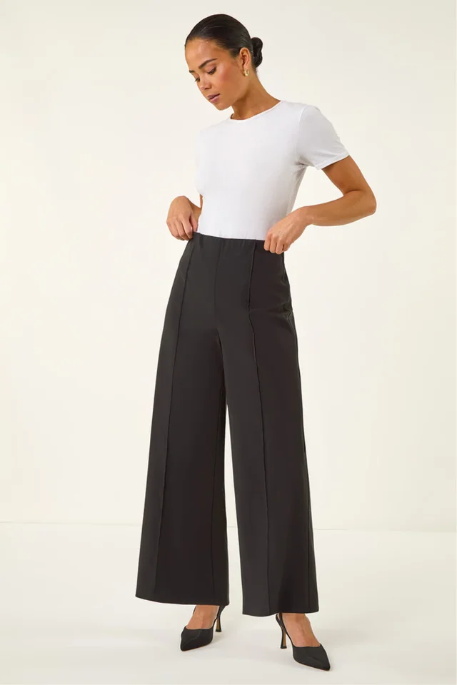 Roman Black Petite Pintuck Wide Leg Stretch Trouser