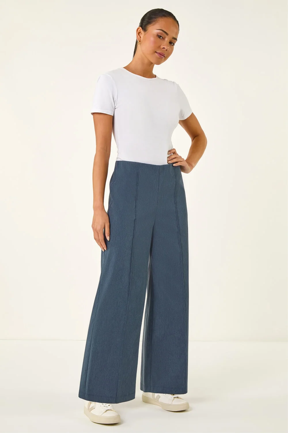 Roman Denim Petite Pintuck Wide Leg Stretch Trouser - Size 16 Image 2