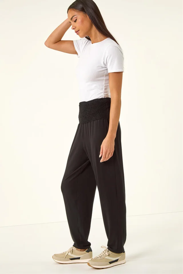 Roman Black Petite Shirred Straight Leg Stretch Trouser