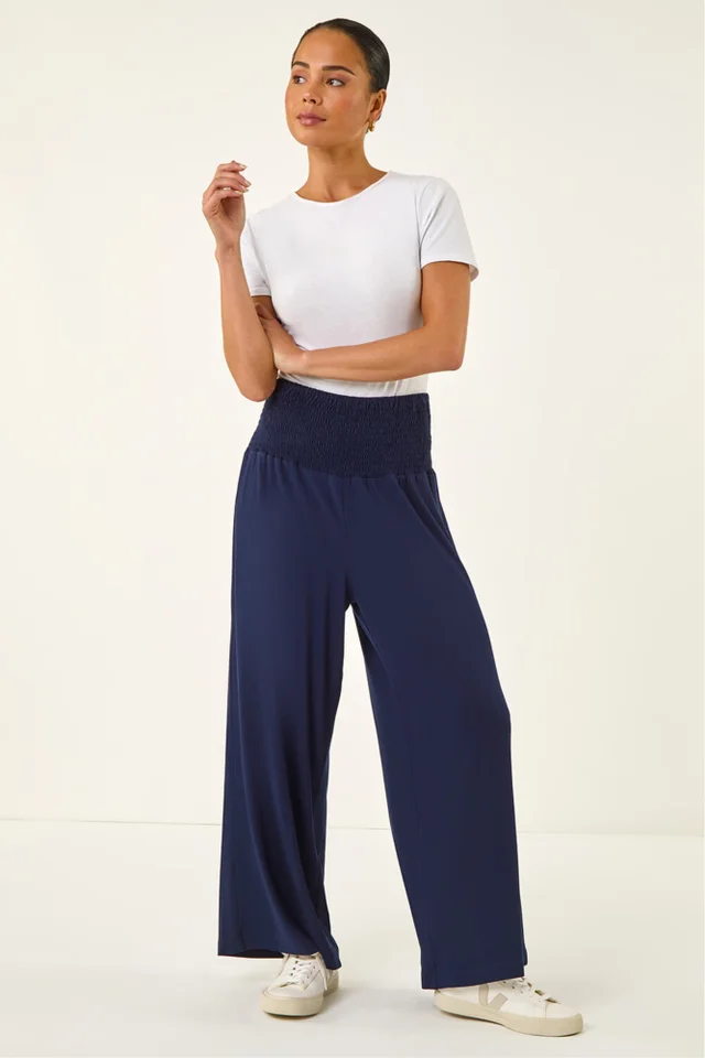 Roman Navy Petite Shirred Wide Leg Stretch Trouser