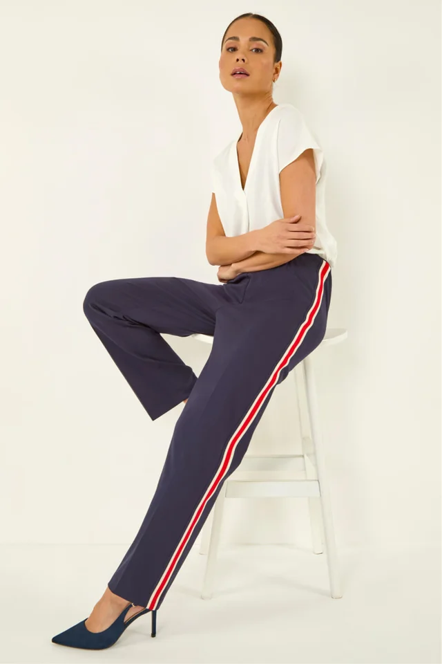 Roman Navy Petite Side Stripe Stretch Trouser