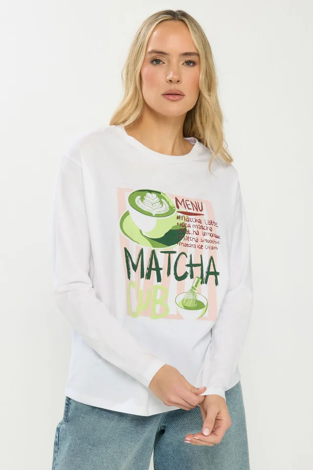 Long Tall Sally White 'Matcha Club' Slogan Long Sleeve T-Shirt