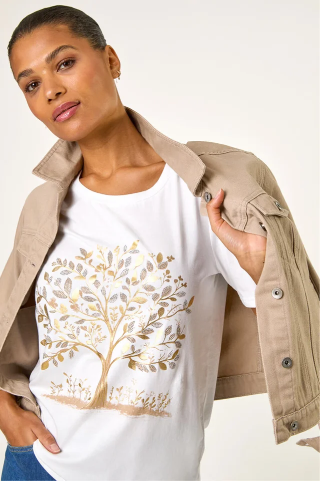 Roman Ivory Foil Foliage Print T-Shirt