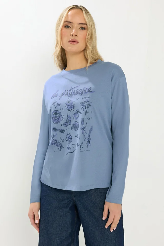 Long Tall Sally Blue 'La Patisserie' Slogan Long Sleeve T-Shirt