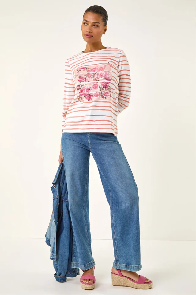 Roman Pink Floral Embellished Stripe Top