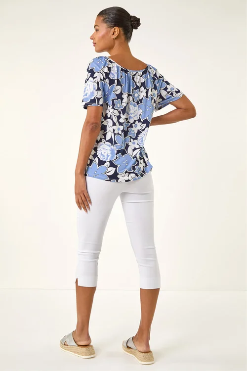Roman Blue Floral Puff Print V-Neck Top - Size 10 Image 3