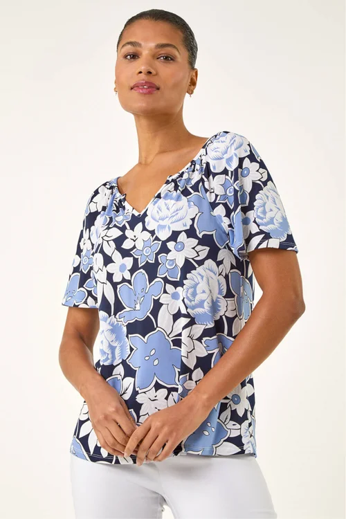 Roman Blue Floral Puff Print V-Neck Top - Size 10 Image 4