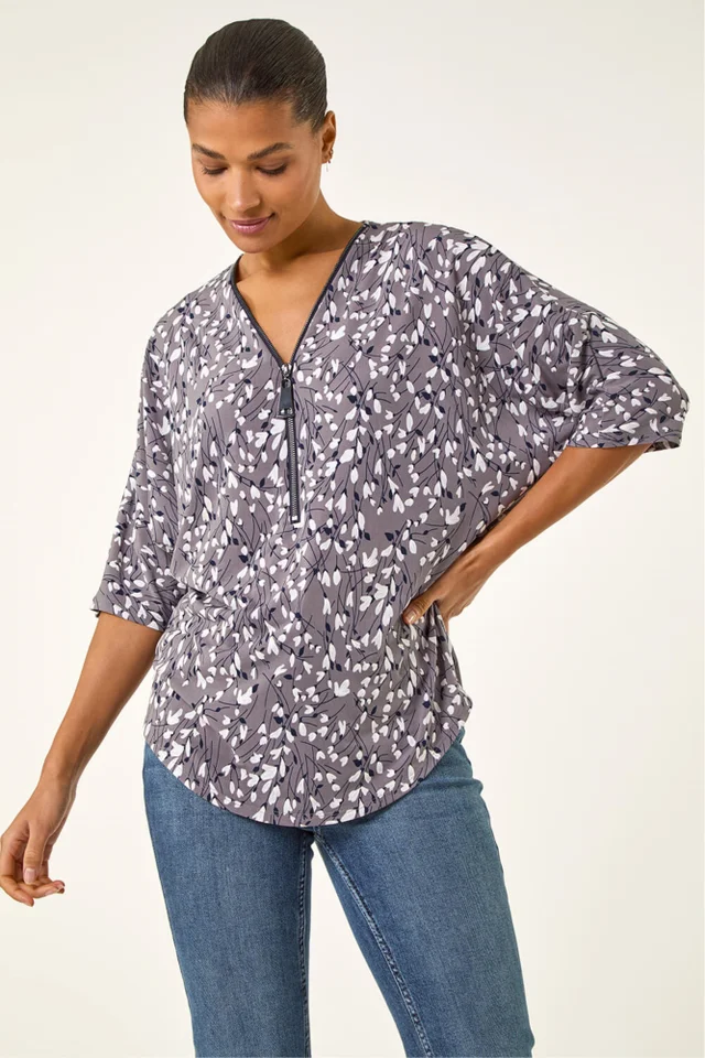 Roman Grey Printed Zip Front V-Neck Stretch Top