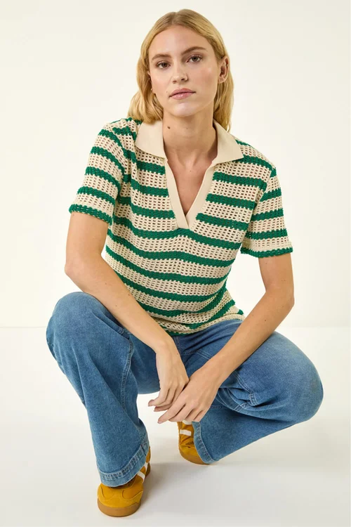 Roman Green Stripe Crochet Collar Knit Top - Size 18 Image 1