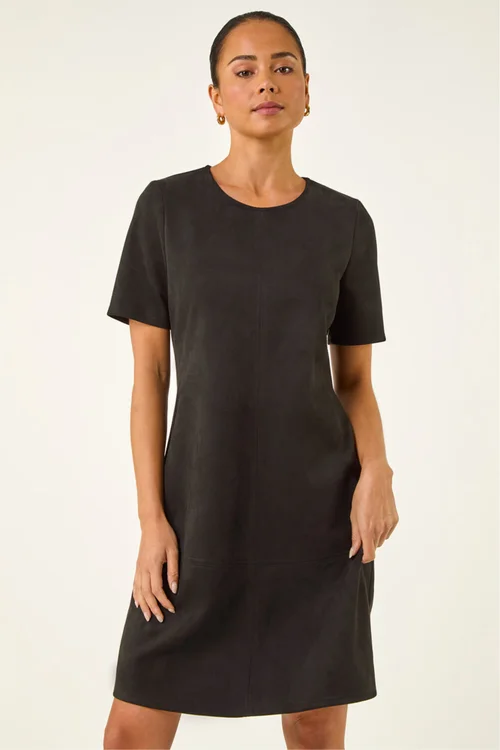 Roman Black Petite Premium Stretch Suede Shift Dress - 16 Image 4