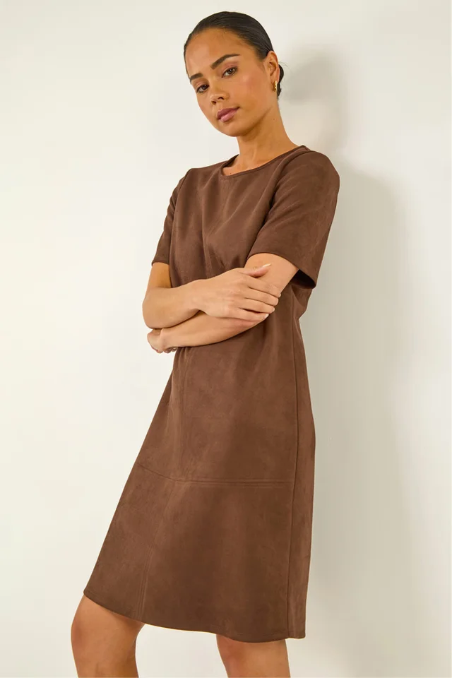 Roman Chocolate Petite Premium Stretch Suede Shift Dress