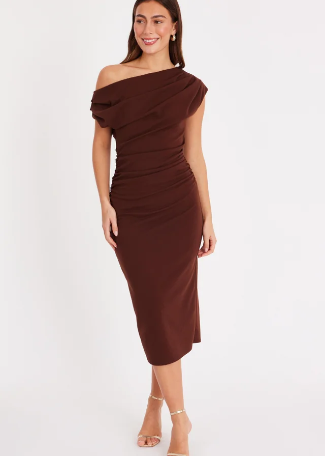 Quiz Brown Ruched Off Shoulder Midi Dress