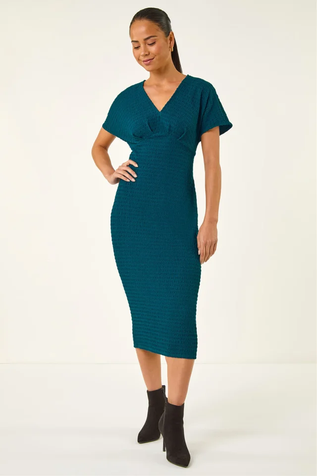 Roman Teal Petite Textured V-Neck Stretch Midi Dress