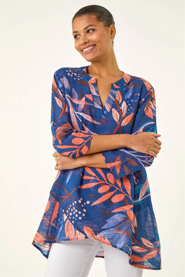 Roman Navy Leaf Print Wrap Front Tunic Top