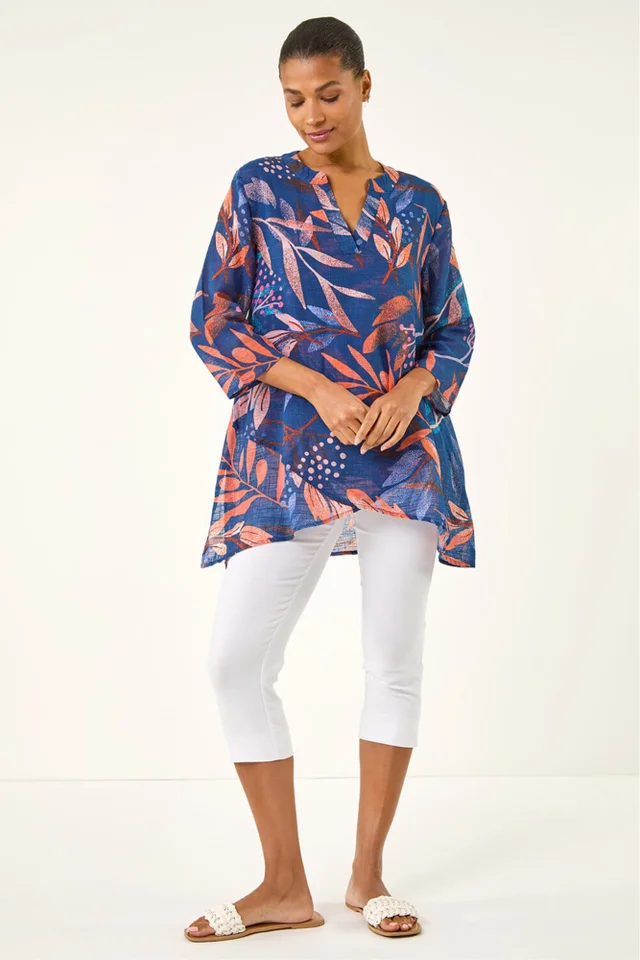 Roman Navy Leaf Print Wrap Front Tunic Top