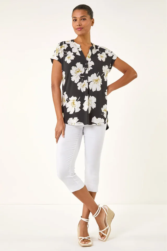 Roman Black Floral Puff Print Stretch Top