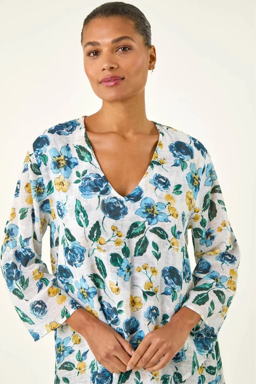 Roman Blue Floral Wrap Hem Tunic Top - 10 Image 4