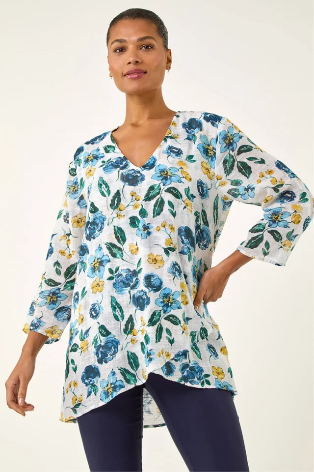 Roman Blue Floral Wrap Hem Tunic Top