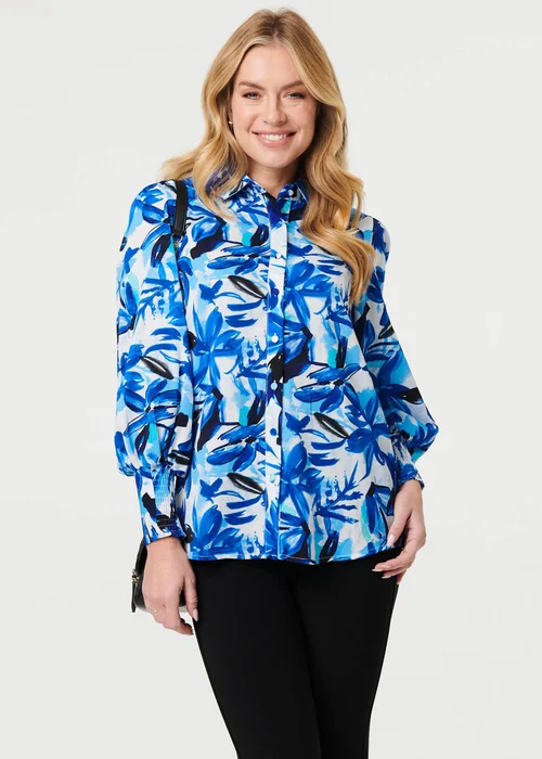 Izabel London Blue Brushstroke Print Long Puff Sleeve Shirt - Size 16 Image 1
