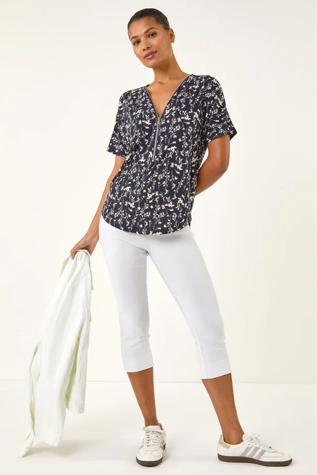 Roman Navy Floral Puff Print Zip Front Top