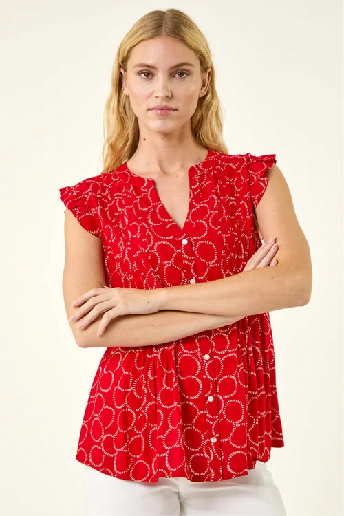 Roman Red Circle Print Frill Sleeve Blouse - Size 14 Image 1