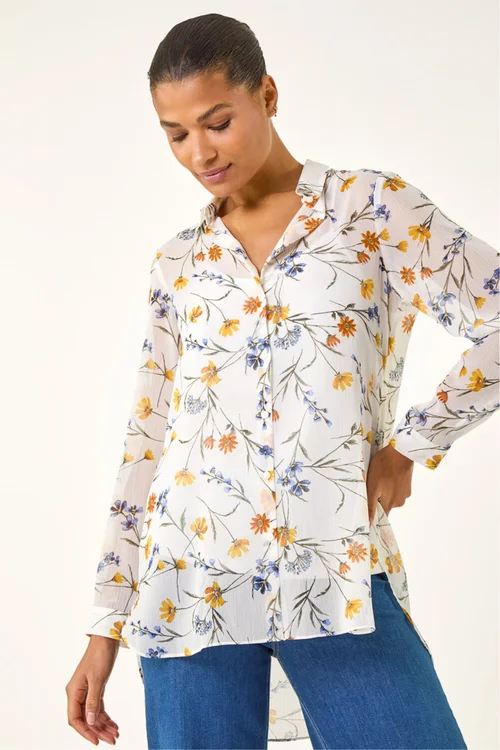 Roman White Shimmer Floral Print Button Blouse - Size 18 Image 4