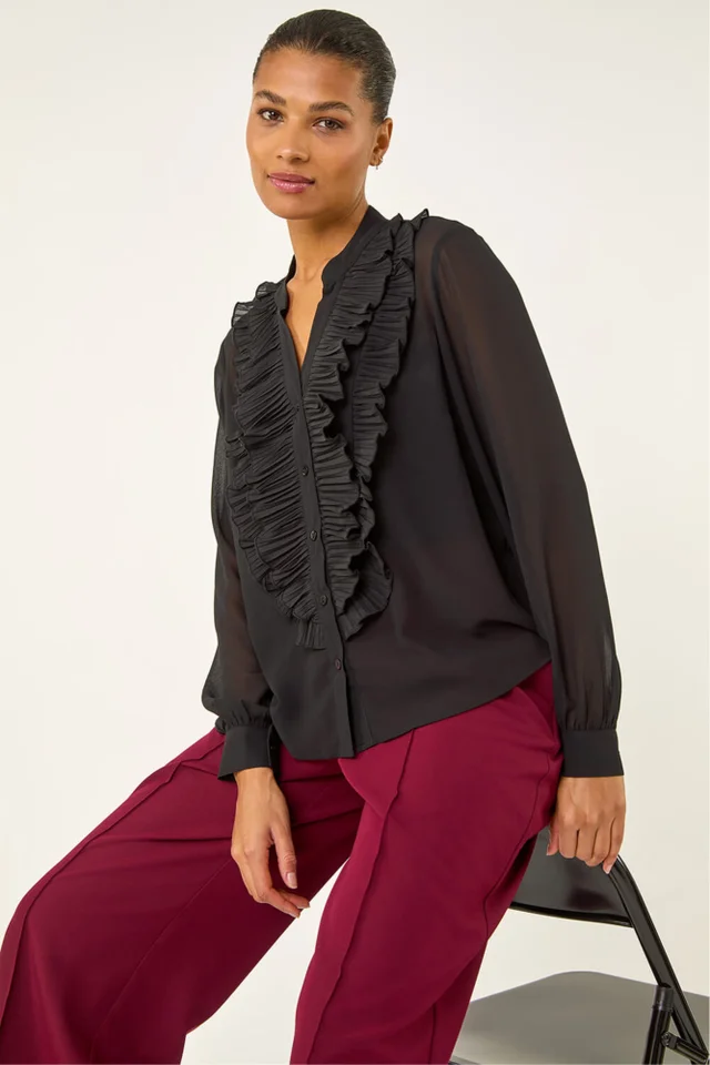 Roman Black Ruffle Front V-Neck Blouse