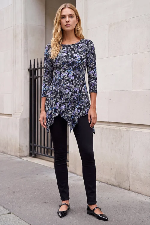 Roman Purple Floral Print Asymmetric Stretch Top - 12 Image 2
