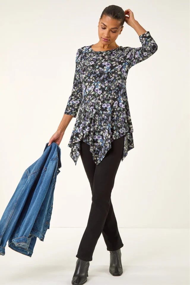 Roman Purple Floral Print Asymmetric Stretch Top