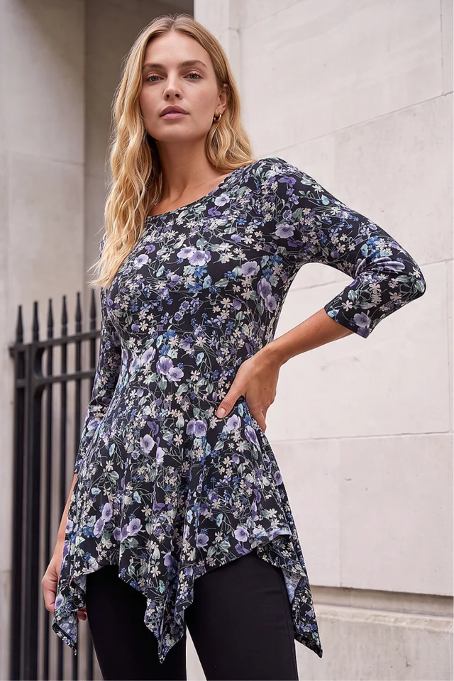 Roman Purple Floral Print Asymmetric Stretch Top