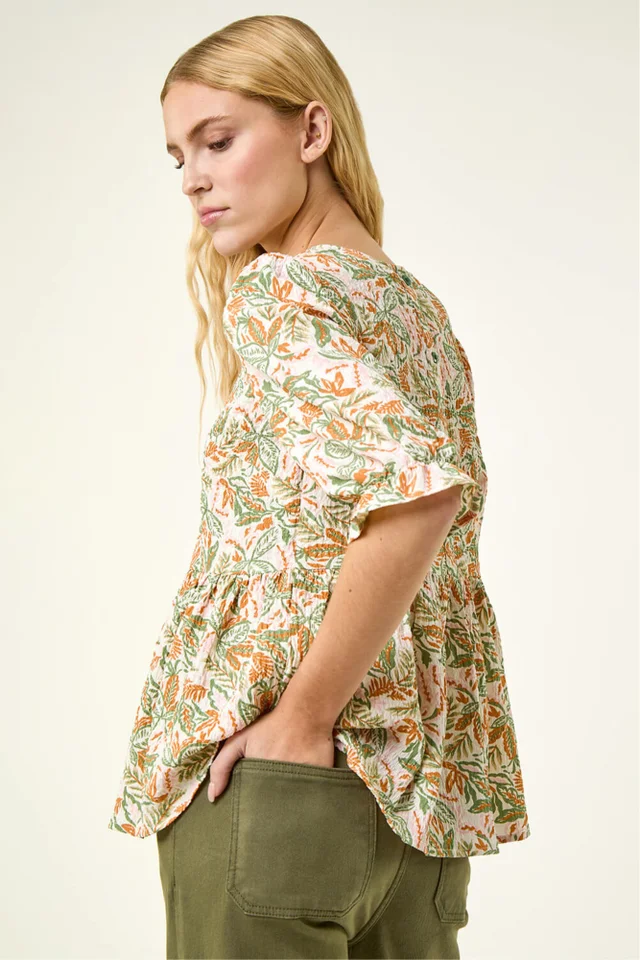 Roman Green Leaf Print Textured Stretch Top