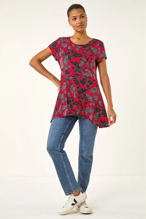 Roman Red Floral Print Hanky Hem Top - Size 20 Image 2