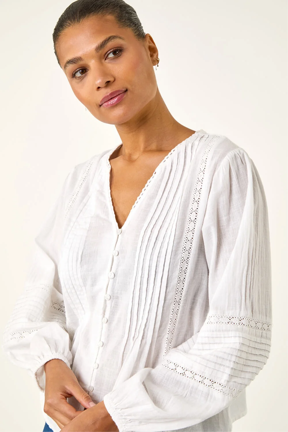 Roman Ivory Pleated V-Neck Cotton Blouse - Size 20 Image 4