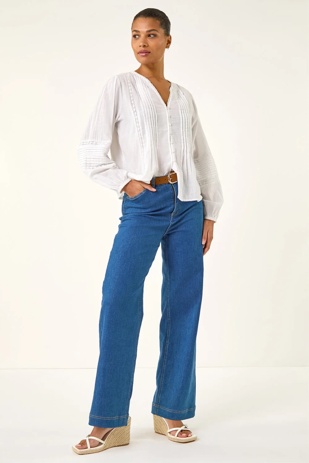 Roman Ivory Pleated V-Neck Cotton Blouse - Size 20 Image 2